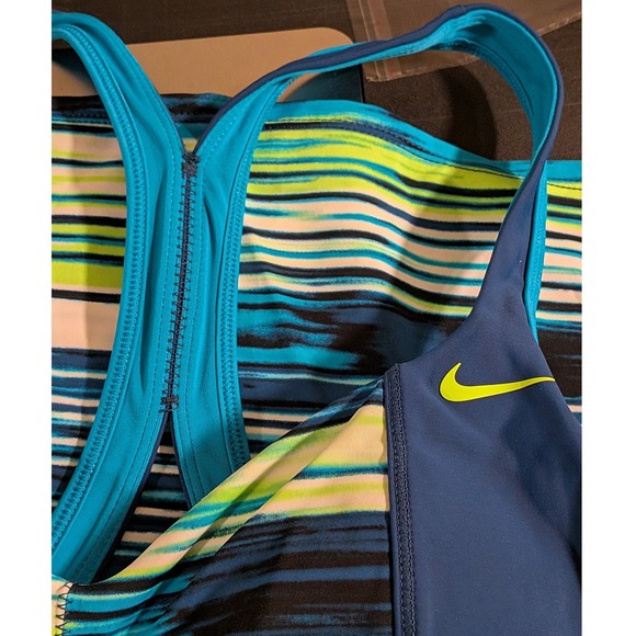 Nike Womens Tankini Swim Top Blue Lime Green Striped Racerback NESS5280 Size 10 - Picture 11 of 11